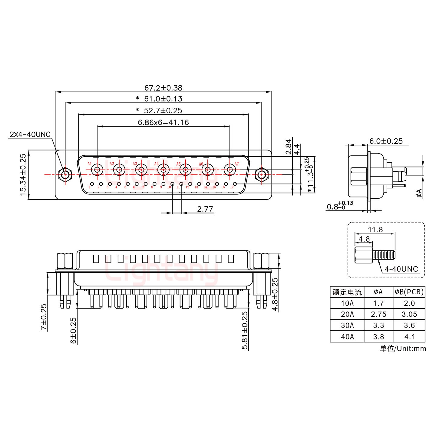 24W7公PCB直插板/鉚魚叉7.0/大電流40A