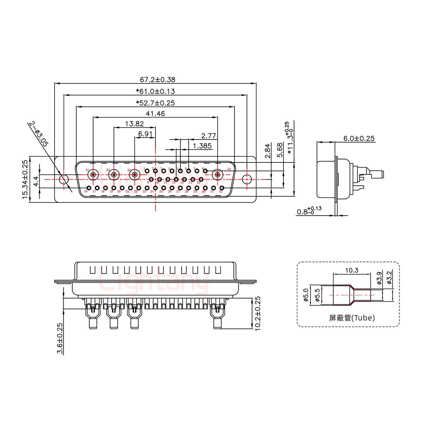 36W4公焊線式50歐姆+50P金屬外殼1745彎出線4~12mm