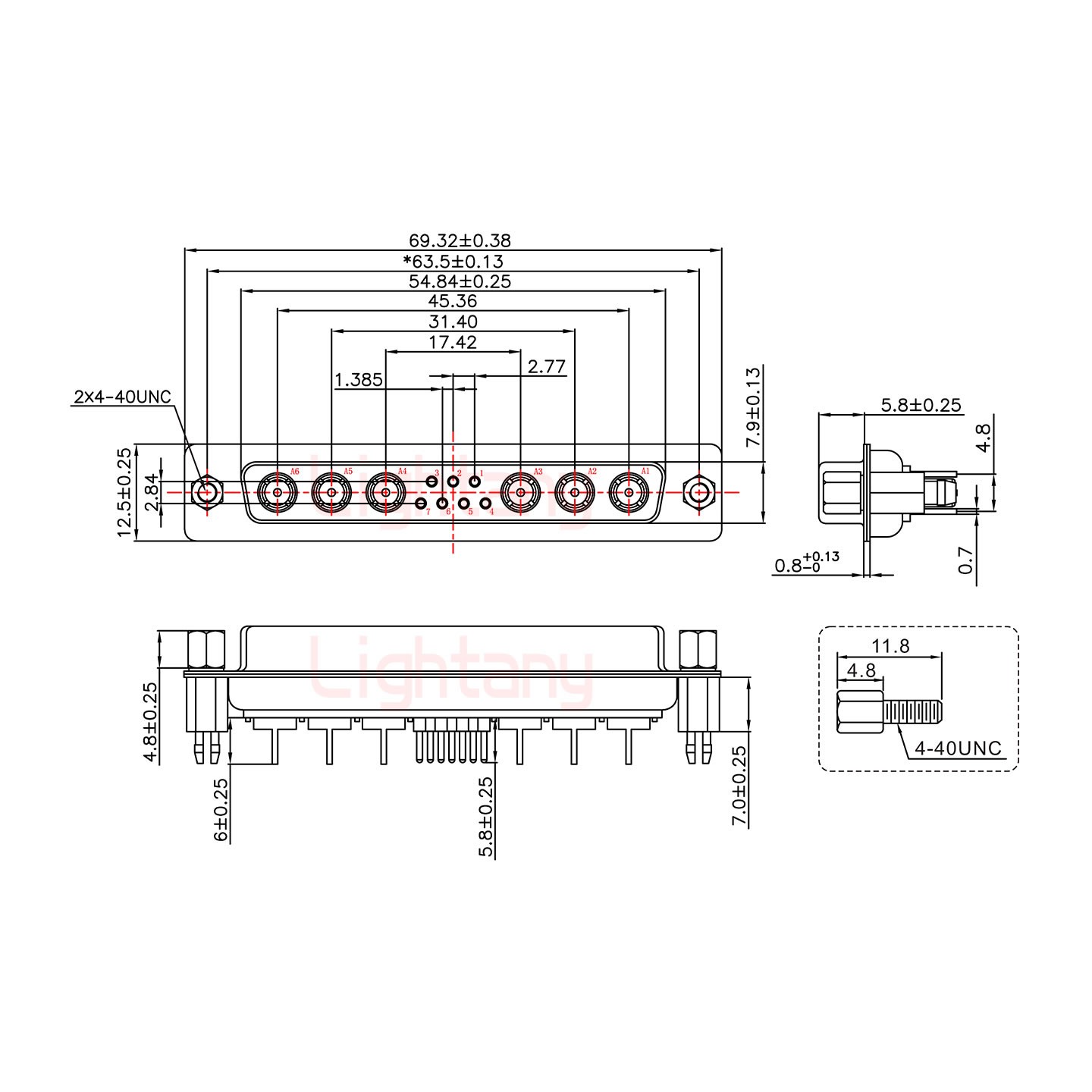 13W6A母PCB直插板/鉚魚(yú)叉7.0/射頻同軸50歐姆