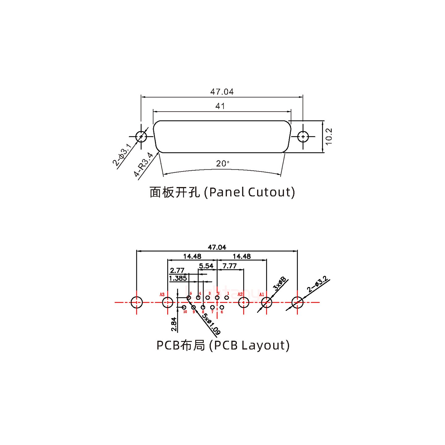 13W3母PCB直插板/鉚魚叉7.0/大電流40A